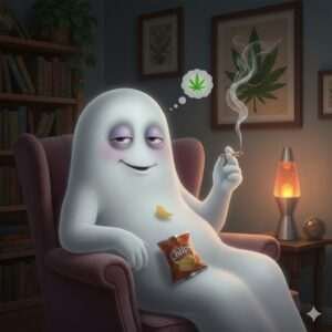 Humorous illustration of a relaxed ghost smoking a joint for the Just Cannabis Seeds caption contest.