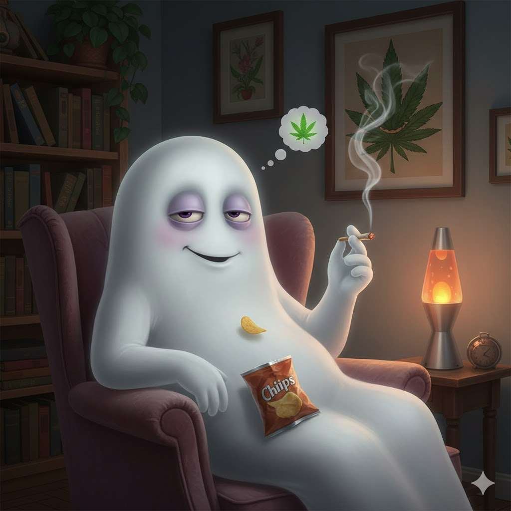 Humorous illustration of a relaxed ghost smoking a joint for the Just Cannabis Seeds caption contest.