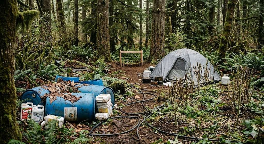 Garbage left at a Mexican Cartel cannabis grow.
