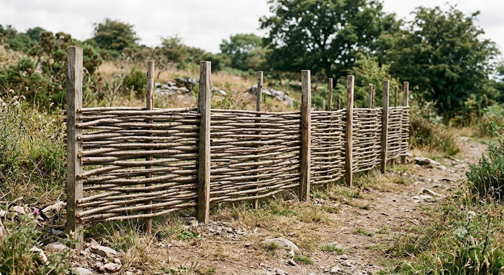 Wattle fence to protect plants from wind.
